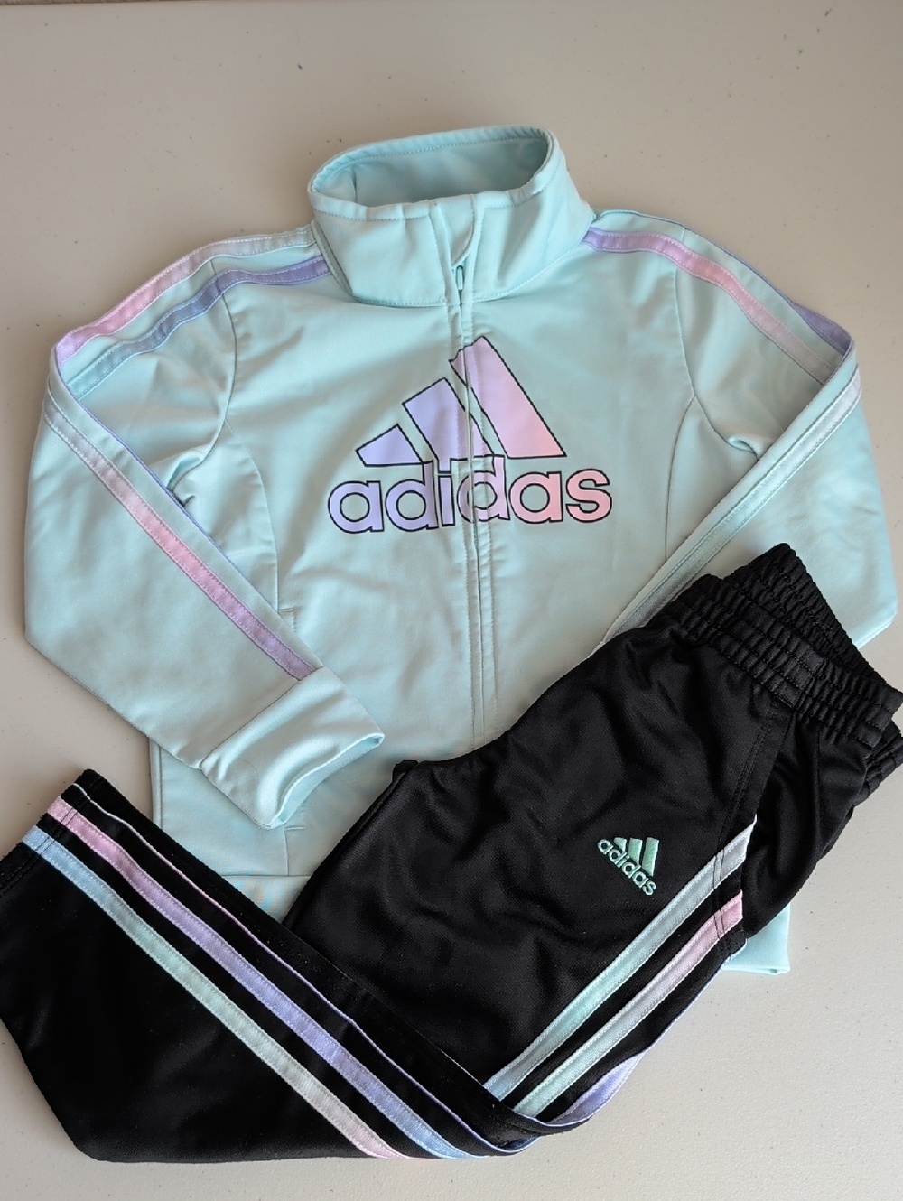 adidas Aqua Zip Track Jacket with Pastel Stripe Accents & Black Pants